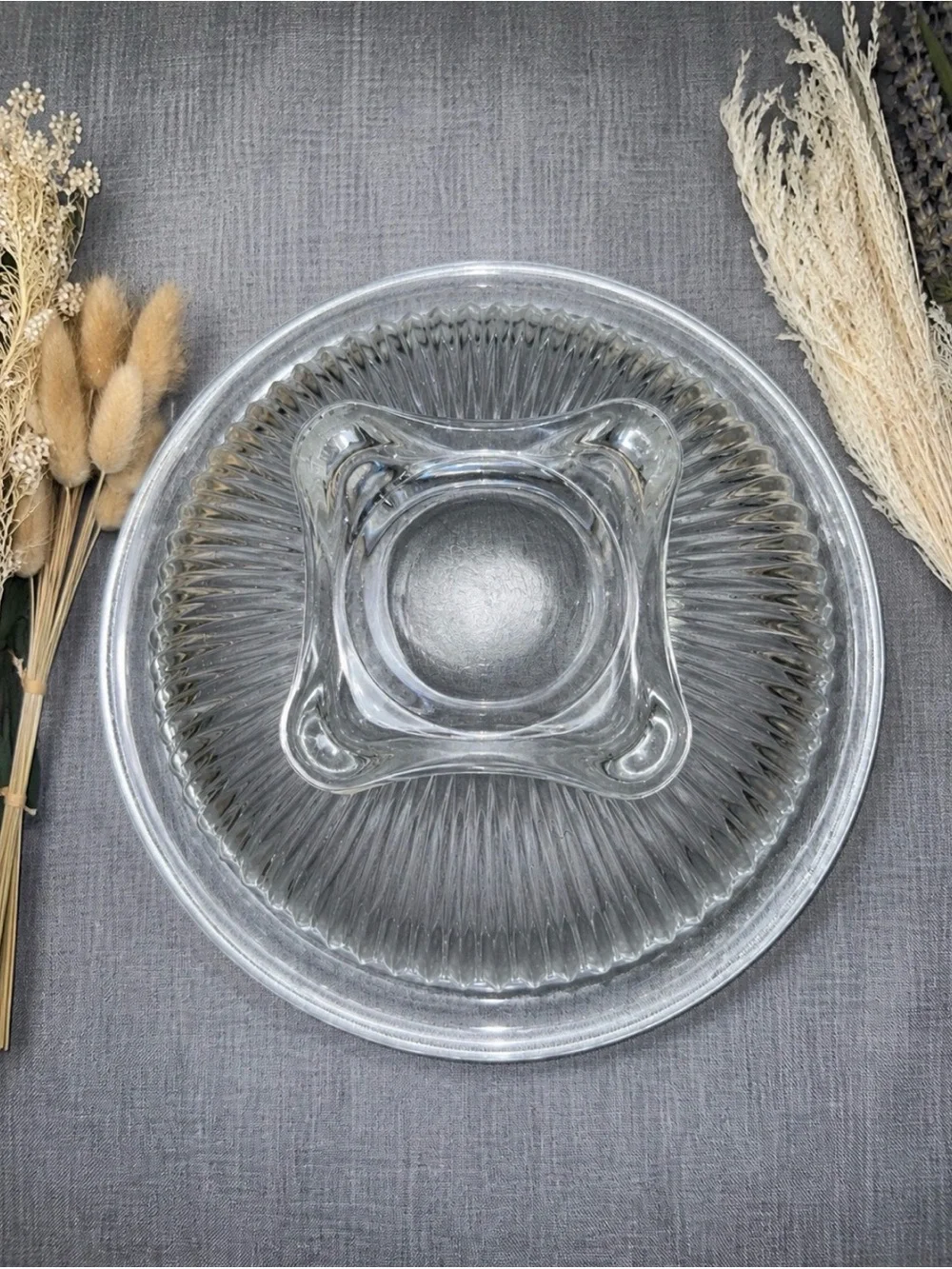 Vintage Clear Ribbed Glass Serving Bowl Flared Rim Square Foot 9.5” Centerpiece